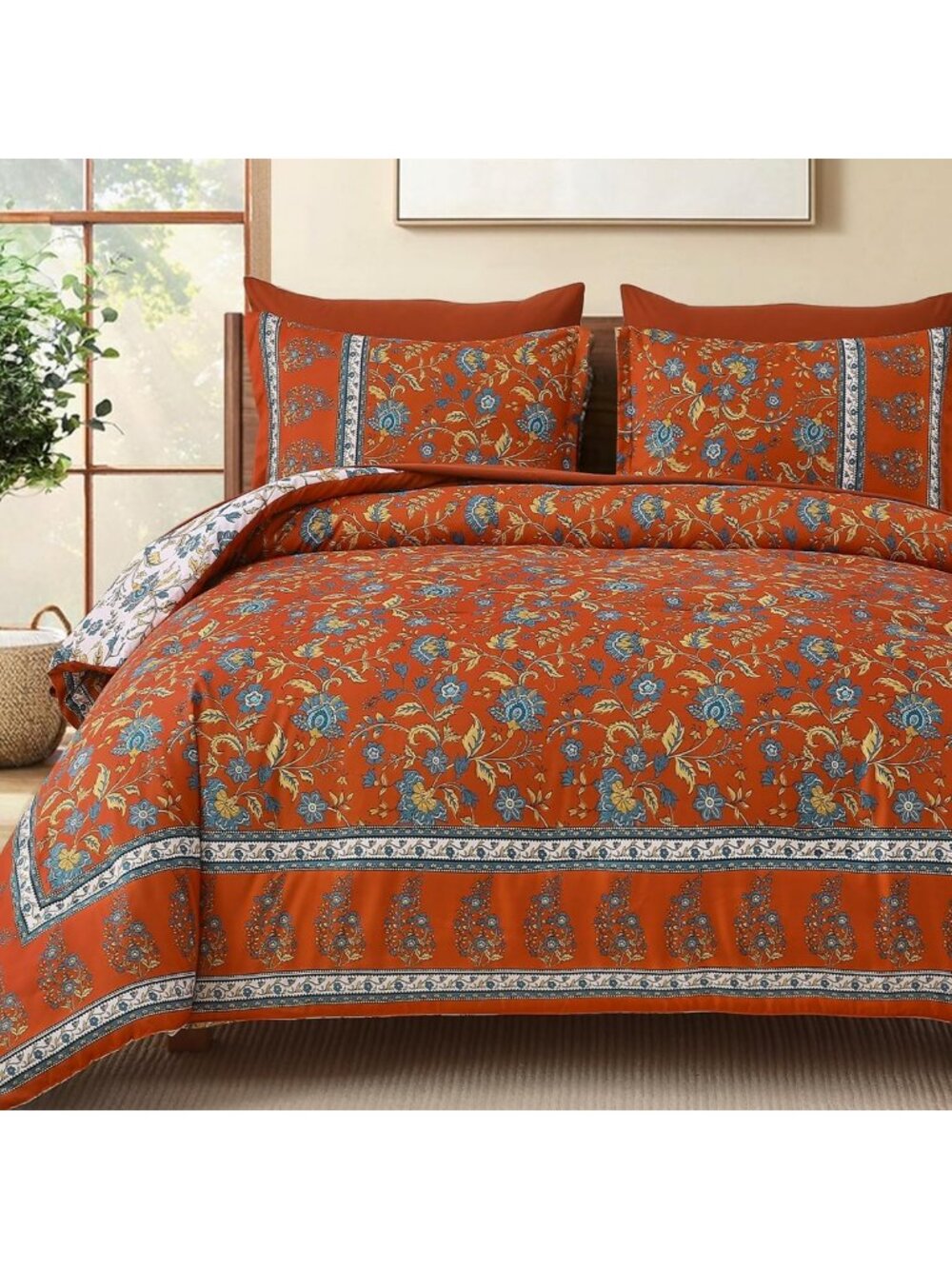Reversible Boho Comforter Set Queen Size, Floral Burnt Orange Bedding Decor